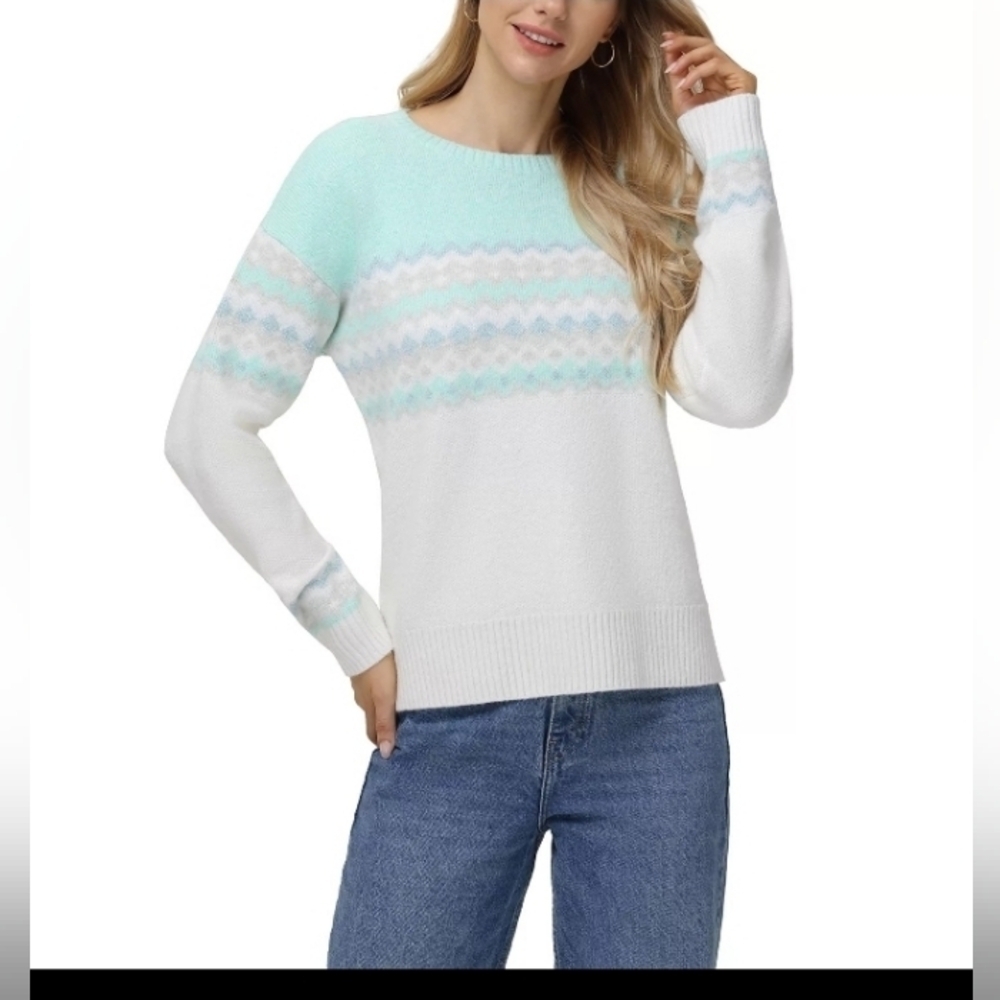 525 Women's Super Soft Crewneck Pullover Lurex Fairisle Sweater Aqua Combo